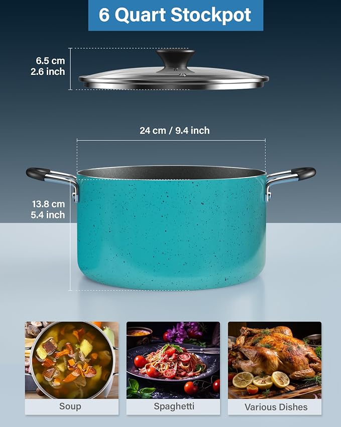 Cook N Home 6 Quart Non Stick Stock Pot with Lid, Large Pots for Cooking | Nonstick Soup Pot, Stockpot Induction Cookware - Oven & Dishwasher Safe, Turquoise