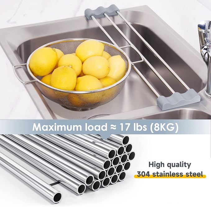 Tomorotec Adjustable Over-The-Sink Kitchen Rack, BPA-Free, Gray | Holds 16.5 Lbs; For Dishcloths, Sponges, and Brushes - Heat-Resistant Stainless Steel with Slim, Expandable Design