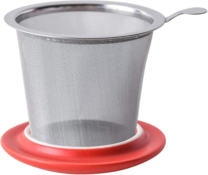 Yundu 12 OZ Matte Red Ceramics Teacup with Infuser and Lid, Mug with Lid for Steeping - Stainless Steel Infuser for Loose Leaf Tea, Home Office Gift for Tea Lovers
