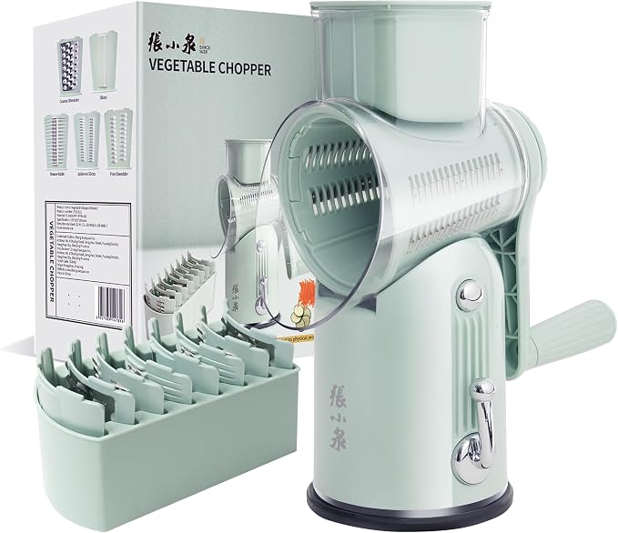 Rotary Cheese Grater Manual Hand Crank with 5 Blades & Suction Base, Kitchen Vegetable Shredder Slicer for Veggie, Nuts, Fruit, Green
