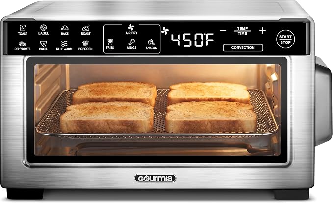 Gourmia Toaster Oven Air Fryer - 4 Slice Capacity, Single Door, Digital Display, Air Fry, Toast & Dehydrate, Convection Cooking, Fits 8” Pizza, 3 Rack Positions, Dishwasher-Safe Trays, Stainless Steel