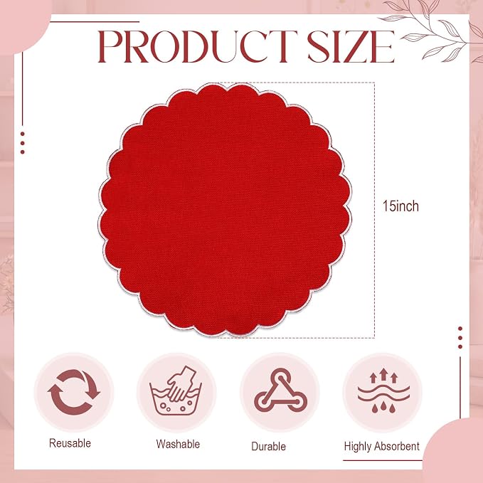 Set of 24 Red Cotton Placemats 15" Round Scalloped White | Double Layered Cotton Fabric, Washable Embroidery, White Edge Edge, Rustic Table Mats for Wedding Dining Table Decor