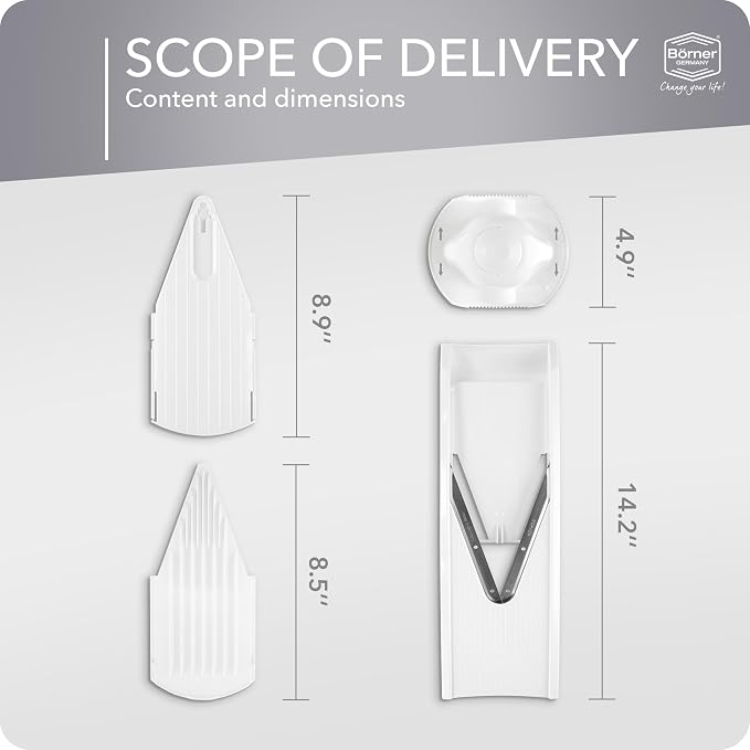 Borner Mandoline Food Slicer V1 (Basic Set) by Reston Lloyd • V-Slicer with Food Holder • Made in Germany • Fruit & Vegetable Chopper • Multiple Settings • Color: White