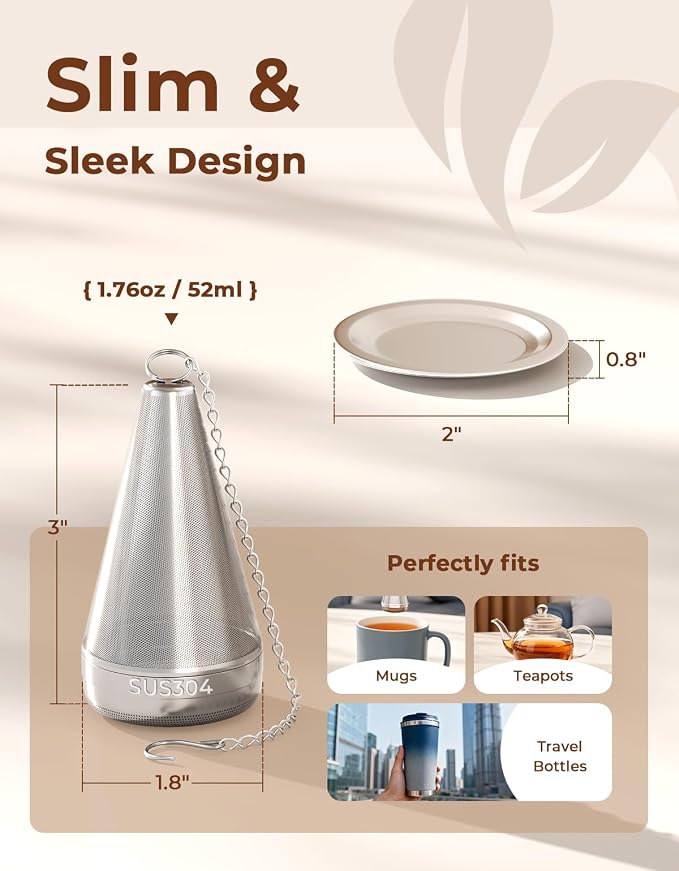 2 Pack 304 Stainless Steel Tea Infuser for Loose Leaf Tea | 1.8” x 3” Cone Tea Strainer Fine Mesh, Loose Leaf Tea Steeper with Drip Trays, Tea Ball for Cup Mug Teapot Bottle Kettle