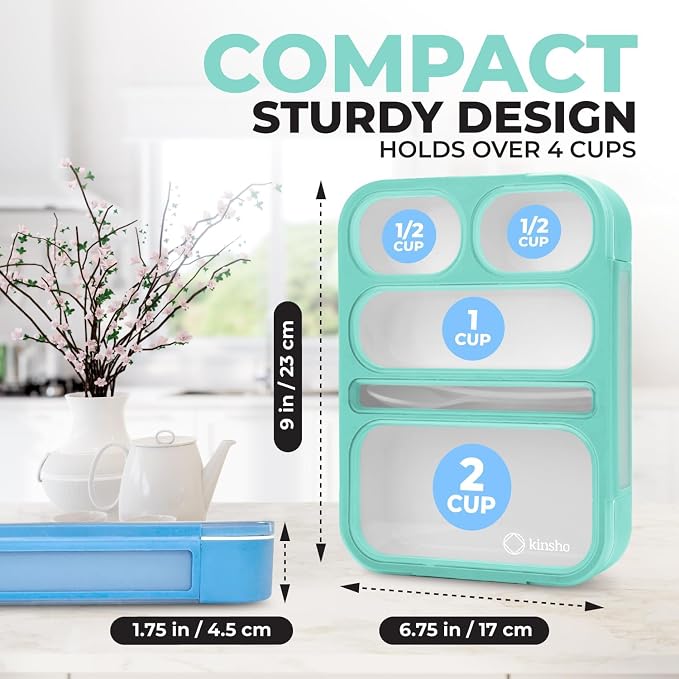 kinsho Bento Lunch-Box for Adults Kids Lunches, Portion Control Container Boxes for Women Girls Boys | Leak-Proof Snack Containers, BPA-Free Utensils 5 Compartments | Blue & Green 2 Pack Set