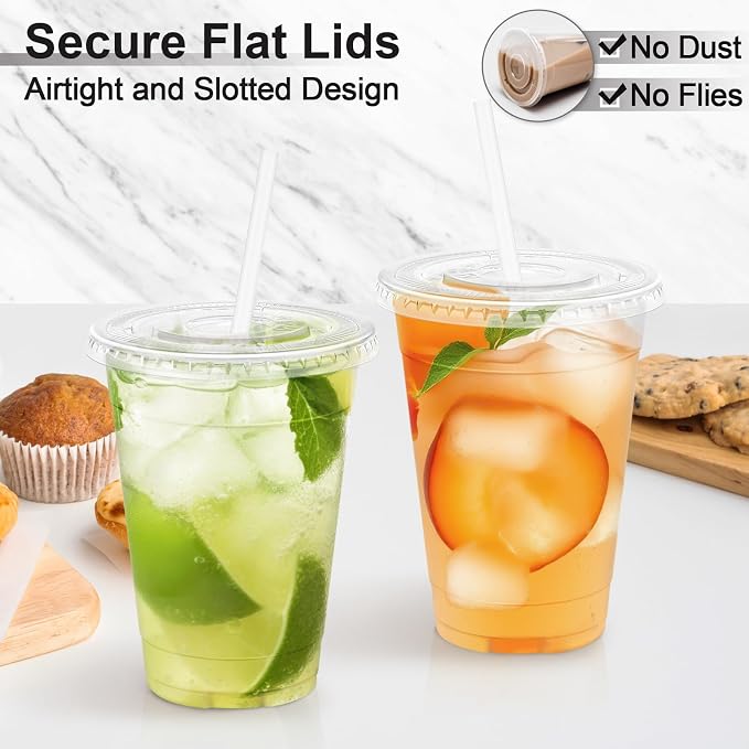 Lamosi 100 Pack 16 oz Clear Plastic Cups with Lids and Straws | Disposable Plastic Cold Cups for Iced Coffee, Smoothies, Parties, Picnics, Office Drinks, Light To-Go Use and Easy Cleanup