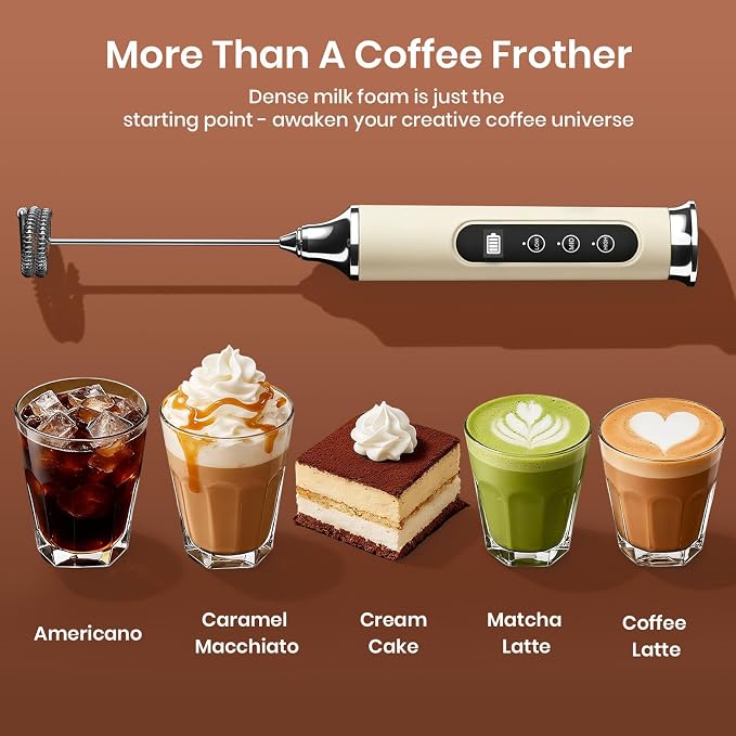 YUSWKO Milk Frother Wand for Coffee, Coffee Frother Handheld Drink Mixer | Rechargeable Mixer Wand, Waterproof Electric Whisk for Protein Powder, Lattes, Cappuccino, 3 Variable Speeds 3 Whisks, Beige