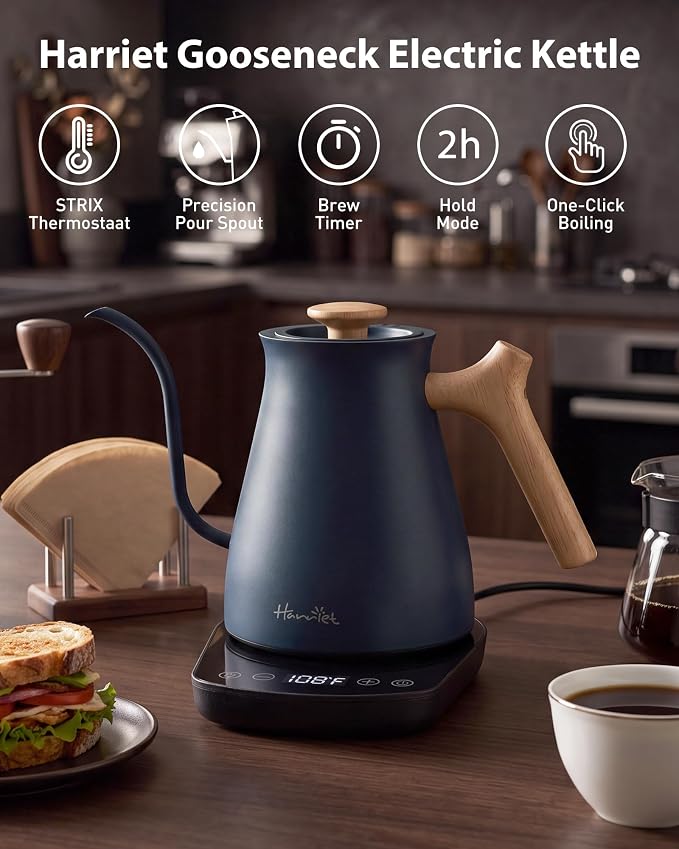 Harriet Gooseneck Electric Kettle, 0.8L, 1°F Control, Brew Timer | 120-Min Keep Warm, 104–203°F Control, Built-In Brew Timer, SUS304 Stainless Steel, Wood-Accent Handle for Pour-Over Coffee