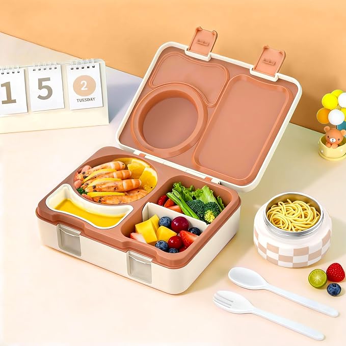 Bento Box for Kids, Leakproof Kids Lunch Box with 8.5OZ Thermo Food Jar & Lunch Bag, 3-4 Compartments Toddler Insulated Lunch Box for Girls, BPA Free Lunch Containers for School Daycare