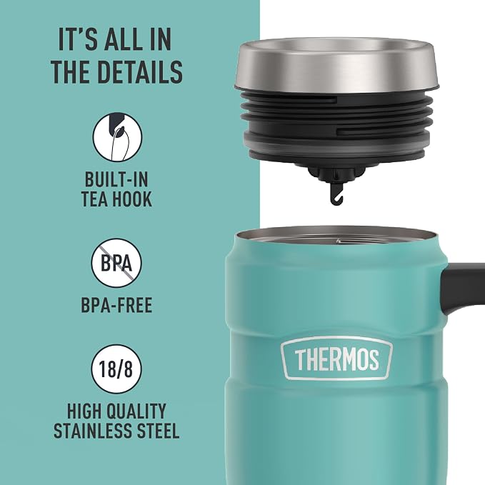 THERMOS Stainless King Travel Mug with Handle, 16oz, Matte Teal | Vacuum-Insulated Travel Mug with Handle for Hot & Cold Drinks, Stainless Steel Coffee Mug with Lid for Commuting