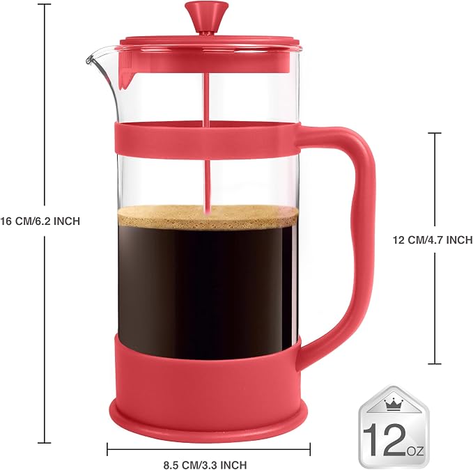 Utopia Kitchen Borosilicate Glass French Press Coffee Maker 12 Oz, Red | Heat-Resistant Cafetiere & Tea Maker, Thickened Glass Coffee Press for Travel and Camping