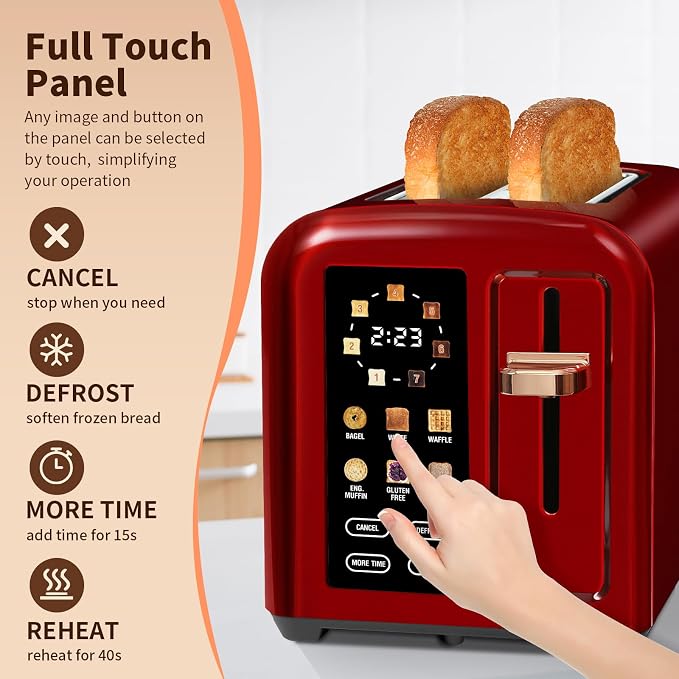 SEEDEEM Touchscreen Toaster 2 Slice, 7 Shade, Stainless, 1350W Dark Cherry