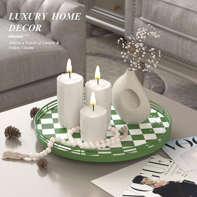 AMH 13-Inch Green and White Checkerboard Lazy Susan with Rubberwood Base | Smooth rotating oak tray with walnut finish for dining tables, kitchen counters, pantries and cabinet storage.
