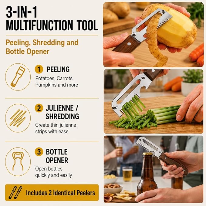 Vegetable Peeler Set of 2 with Julienne Cutter and Natural Wood Handle | 3-in-1 Vegetable & Potato Peeler, Ultra-Sharp Stainless Steel Blade, Bottle Opener for Added Convenience, Kitchen Gadgets