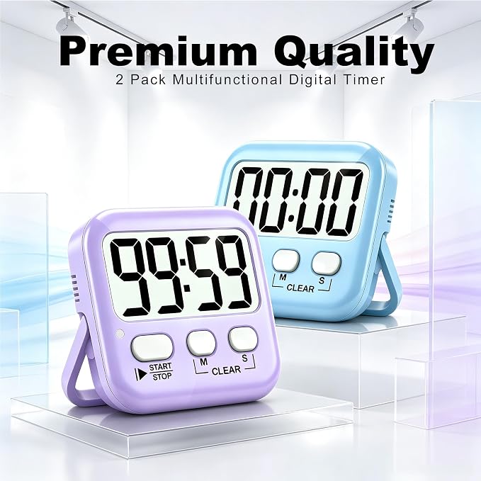 2 Pack Digital Timer for Kids Classroom Kitchen Timers for Cooking | w/ Battery, Easy to View, Alarm, Mute Mode, Count Down/Up, Magnetic, Kickstand, Hanging, Classroom Timer for Teacher Supplies