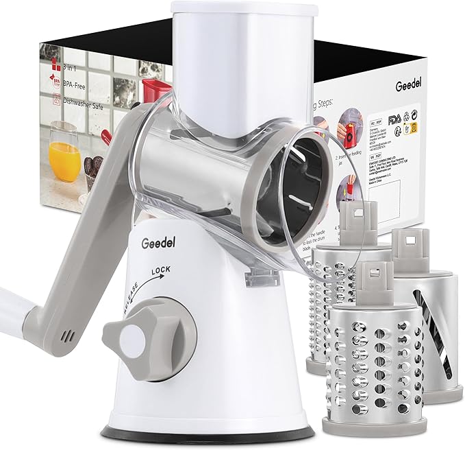 Geedel Rotary Cheese Grater Hand Crank, Cheese Shredder Vegetable Slicer | 3 Blades, 430 Stainless Steel, 12x Fast Cutting, Strong Suction Base, No BPA, Dishwasher Safe, for Cheese, Veggie, Nut