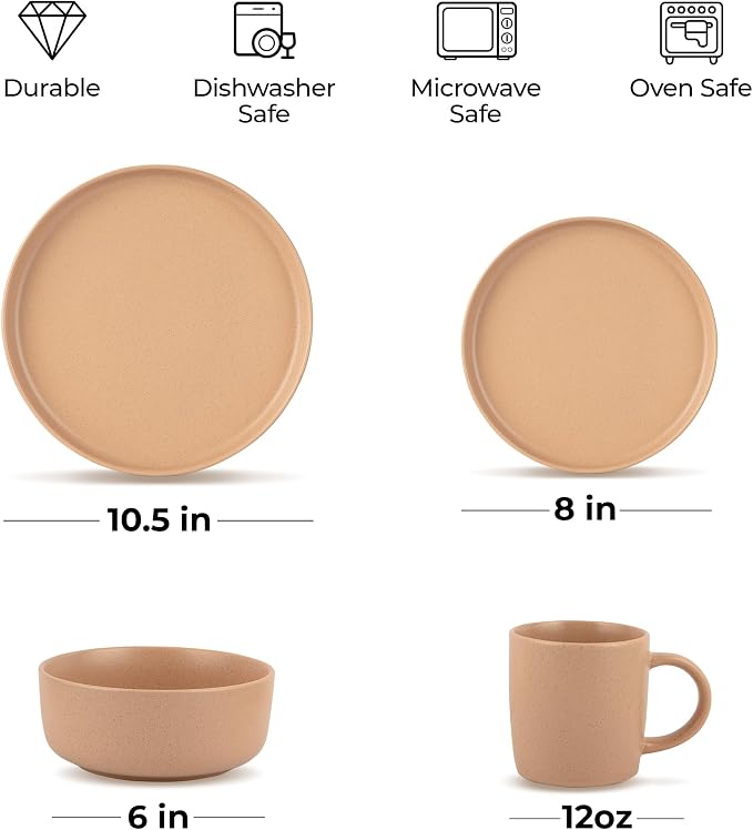 Zulay Kitchen Terra Stoneware Dinnerware Set, Artisanal Ceramic Plates and Bowls Set Crafted at 2300℉ - Service for 4, Terracotta Clay