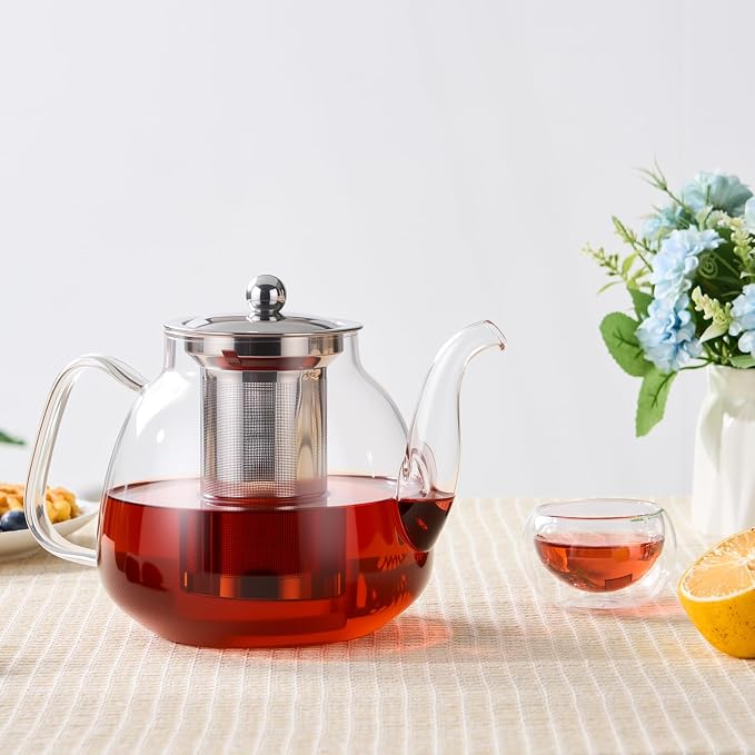 PARACITY Tea Pot with Infuser and Lid, 40 oz Stovetop Glass Kettle, Clear | Borosilicate body has a removable 18/8 stainless steel strainer, wide mouth and eagle-beak spout for loose leaf or blooms