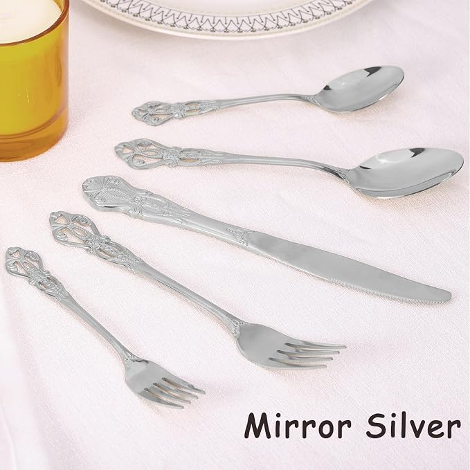 Silverware Set for 12, Stainless Steel Gorgeous Retro Royal Flatware Set, 60-Pieces Cutlery Tableware set, Kitchen utensils set Include Spoons And Forks Set, Mirror Finish, Dishwasher Safe