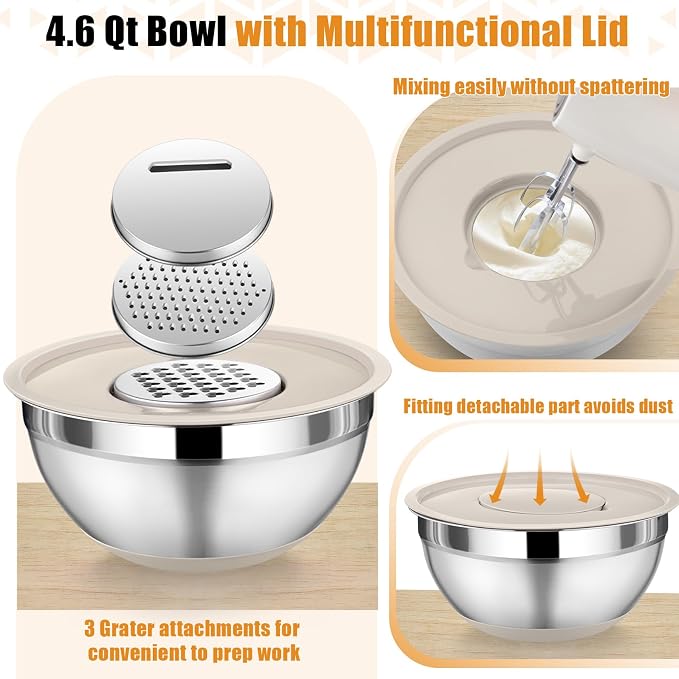 P&P CHEF Mixing Bowls with Lid Set, Nesting Bowl for Storing, Khaki | 5 Piece Stainless Steel Salad Mixing Bowls for Prepping, 3 Grater Attachments & Non-Slip Bottoms, Size 1/1.5/2 / 2.6/4.6 QT