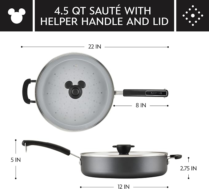 Farberware Disney Monochrome Ceramic Cookware Nonstick Saute Pan with Lid and Helper Handle, Dishwasher Safe, 4.5 Quart - Black