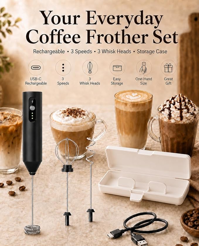 Rechargeable Electric Milk Frother Handheld, Hand Mixer Coffee Frother Wand | Portable Drink Mixer with 3 Speeds, 3 Whisk Heads, Storage Case, Electric Whisk for Matcha Lattes Cappuccino, Kitchen Gifts