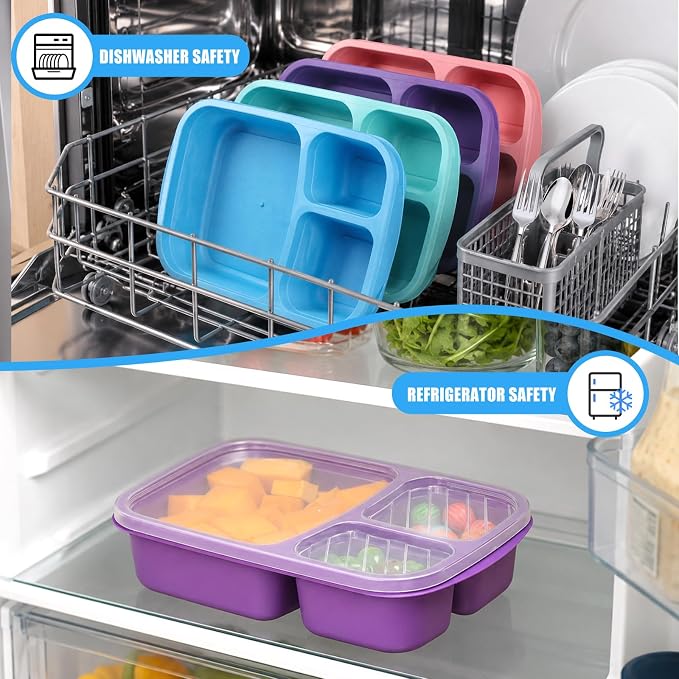 buluker 8 Pack Bento Lunch Box Set 3 Compartment Food Storage Containers Wheat Straw Meal Prep Lunch Box Plastic Food Storage Containers, Microwave and Dishwasher Safe (Vivid Colors)