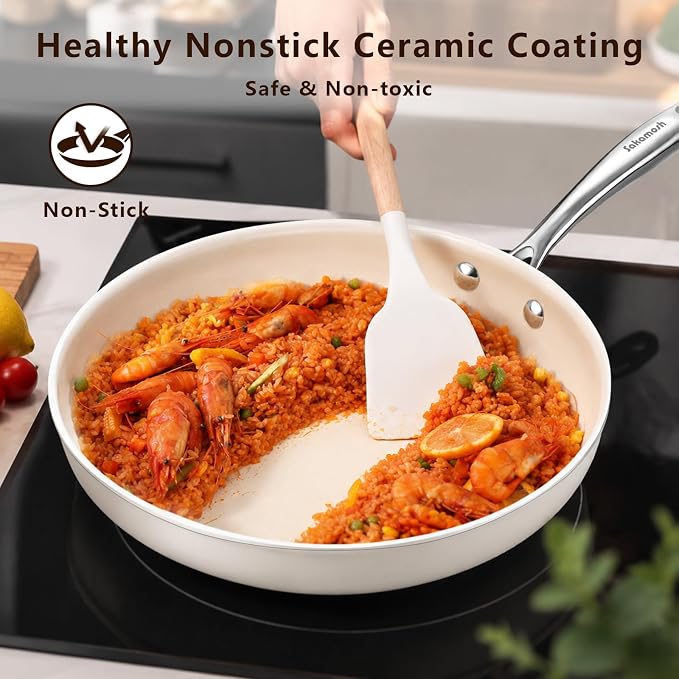 SAKAMOSH 11" Nonstick Ceramic Frying Pan, Non Toxic Pan, White | PTFE & PFAS & PFOA Free Ceramic Coating, Dishwasher/Oven Safe, Induction Compatible, suitable for all stovetops, Lightweight