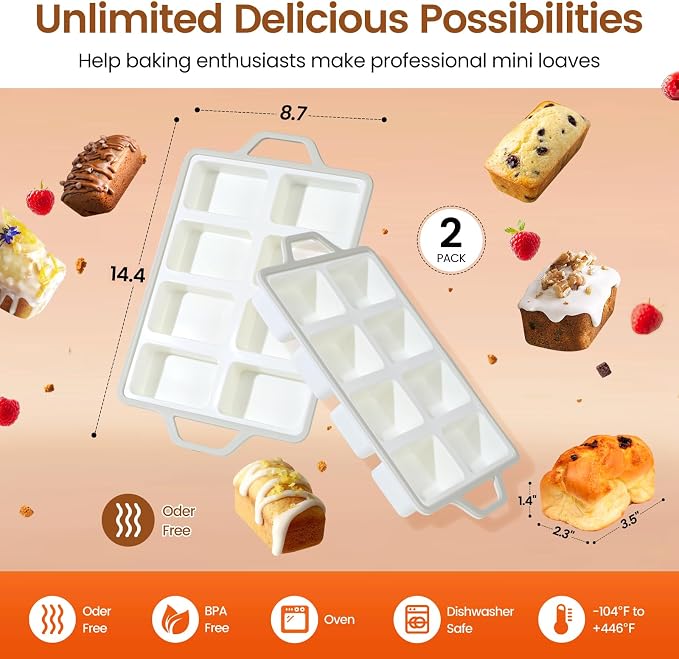 SJ 2 Pack Gray 8-Cavity Mini Silicone Loaf Pans, BPA-Free Reinforced | Gray 8-Cavity Baking Set Uses Durable Silicone, Reinforced Edge Resists Warping For Easy Snack Release And Gift Treats