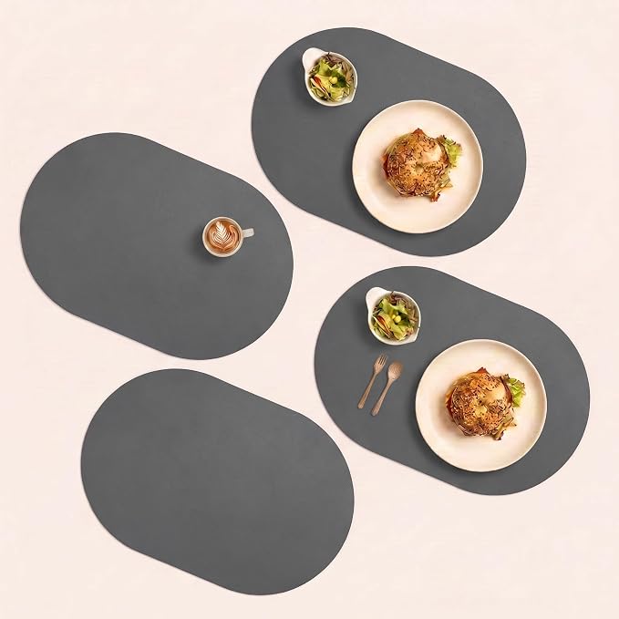 Grey Oval Silicone Placemats Set of 4 – Heat Resistant, Waterproof, Easy to Clean Non-Slip Modern Dining Table Mats – Premium Leather Textured Japandi Kitchen Decor