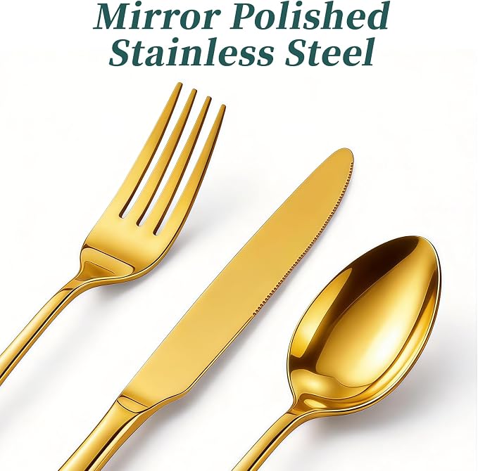 45-Piece Silverware Set with Organizer, Stainless Steel Flatware Set for 8 | Gold Cutlery Utensil Sets, Includes Forks, Knives, Spoons & Serving Utensils, for Dining, Entertaining & Housewarming