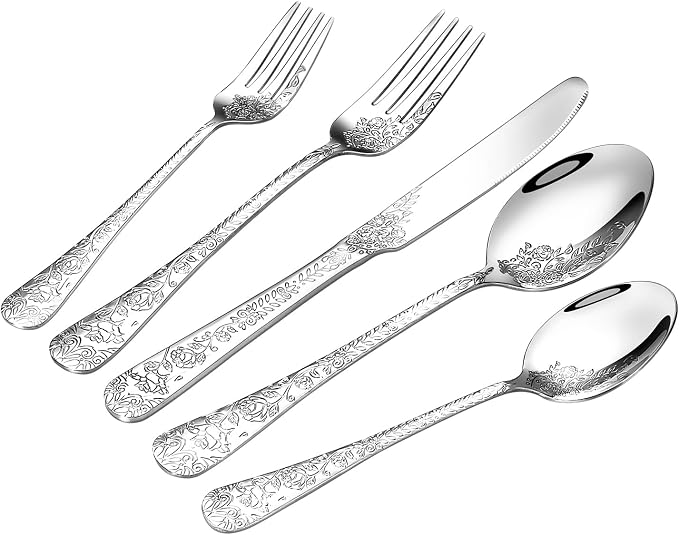 40 Pcs Silverware Set for 8, Food Grade Stainless Steel Flatware Set, Eating Utensils Sets Include Fork/Knife/Spoon, Reusable Cutlery Set for Home Kitchen, Dishwasher Safe, Embossed pattern-1