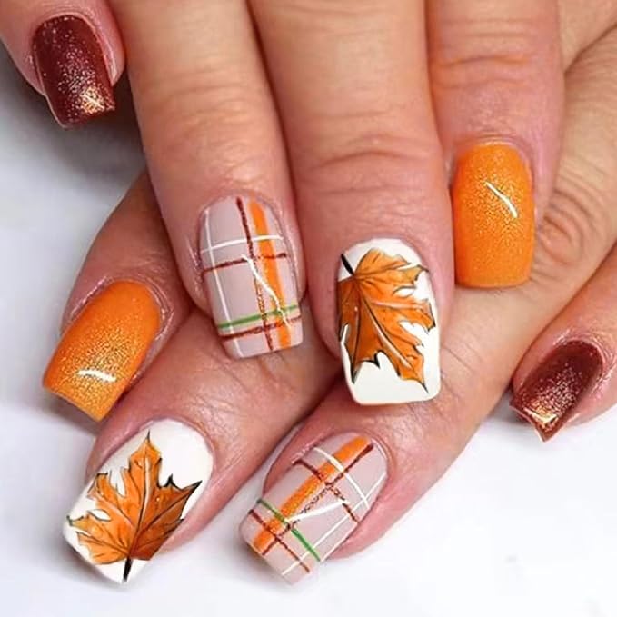 Fall Press on Nails Medium Square Fake Nails with Maple Leaves Plaid Designs Nails Press ons Orange Brown Acrylic Nails Full Cover Stick on Nails for Women 24 Pcs