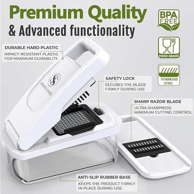 Multifunctional Vegetable Chopper & Mandoline Slicer with Spiralizer | Removable Grid ,8 Interchangeble Blades, Onion Chopper, Easy to Clean, Dishwasher Safe, Fruit Slicer Onion Dicer