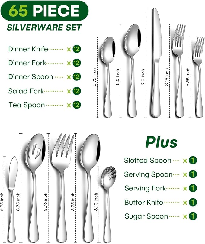 PHILIPALA 65 Piece Silverware Set with Serving Utensils, Stainless Steel Flatware Set for 12 Food Grade Novelty Flatware Cutlery Utensil Set Include Knife Fork Spoon Mirror Polished Dishwasher Safe