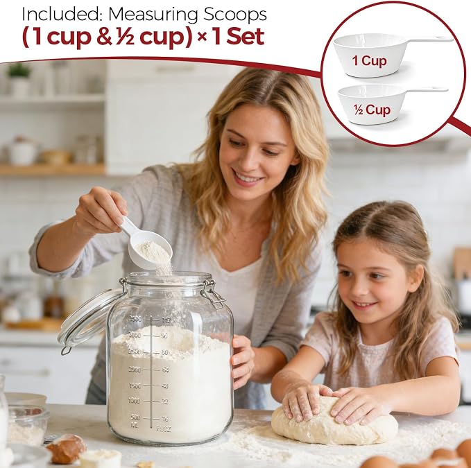 Large Glass Jars with Airtight Lids 1.1 Gallon 2 Pack Flour Jar | Wide Mouth, Scoop Included, Flour Sugar Storage Containers,Baking Supplies,Leak Proof,BPA-Free,Pantry Organization, Pickling