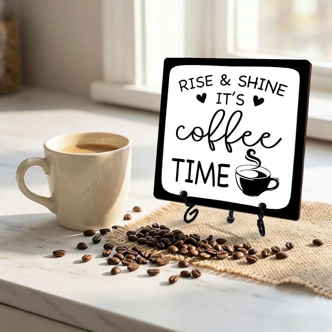 Minimalism Coffee Bar Decor, 5"x5" Coffee Bar Sign | Rise & Shine It's Coffee Time Wood Plaque with Stand | Rustic Gift for Home Kitchen Tabletop Desk - A06