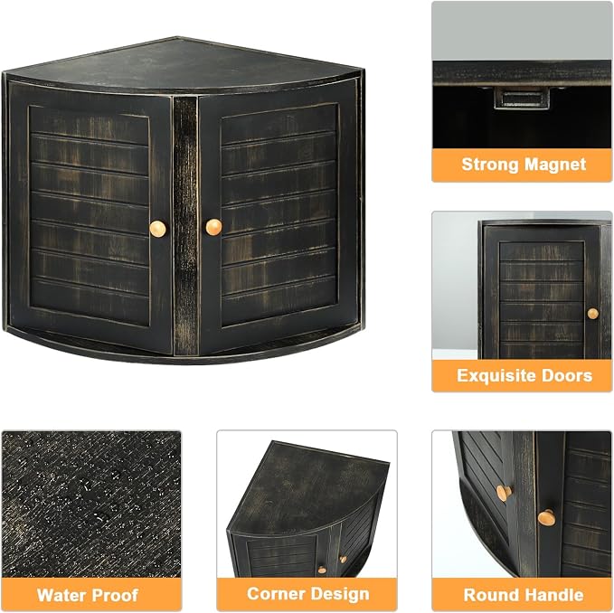 Black Vintage Double Layers Bamboo Corner Bread Box for Kitchen Counter | Retro Farmhouse Style, Holds 2+ Loaves, Right Angle Fits Counter Corners, Breathable Keeps Bread Fresh 3-4 Days