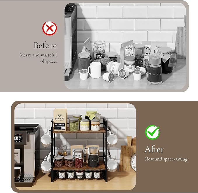 Coffee Bar Organizer for Countertop, Coffee Station Organizer | Coffee Organizer Station with Mug Holder, 3 Tier Coffee Cup Holder with Hooks and Drawer, K Cup Storage, Tea Station Stand