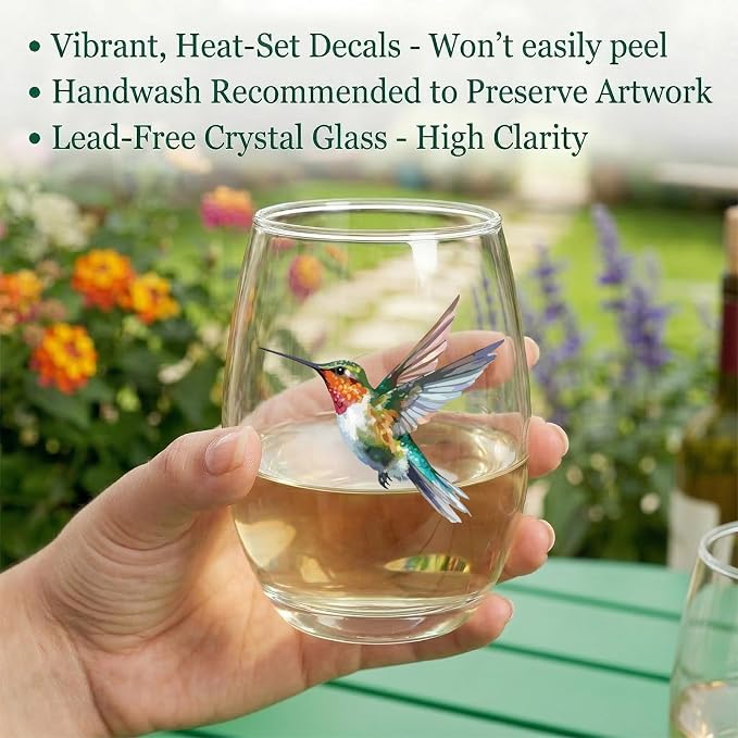 Hummingbird Stemless Wine Glasses Set of 4, Hummingbird Lovers Gifts for Women, Bird and Outdoor Lovers, 15oz Wine Glasses Gifts for Women, Floral Garden Lovers, Forest Birds Hummingbird Decor