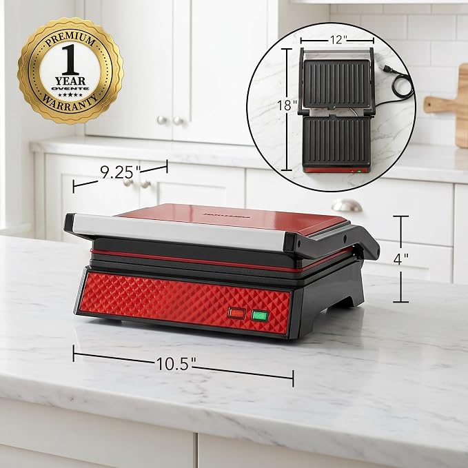 OVENTE Electric Indoor Panini Press Grill + Sandwich Maker, Red GP0620R | Opens 180 Degrees to Fit Any Type or Size of Food, 1000W Indoor Cooking Perfect for Quesadillas, Burgers & More