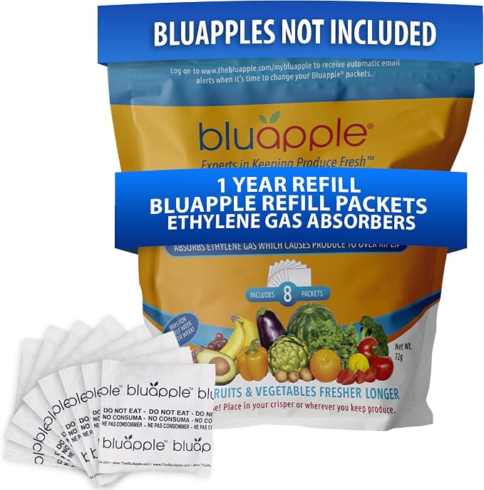 Bluapple Produce Saver Ethylene Gas Absorber - Fresh Fruit & Vegetable Storage, Food Savers for Refrigerator, 8 Packets (9g each), Each Packet Lasts 3 Months, Kitchen Must Haves, USA Made - Refill Kit