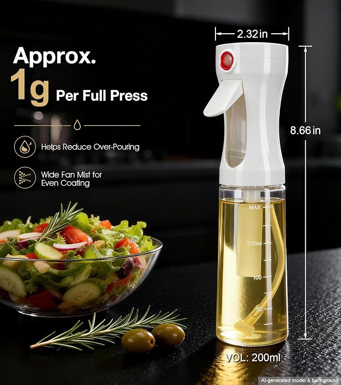 Oil Sprayer for Cooking, Olive Oil Sprayer, Approx. 1g Per Press (1) | Patented Spray Structure, Glass Bottle, Wide Fan Mist, Built-in Filter for Air Fryer, Salad, BBQ and Baking