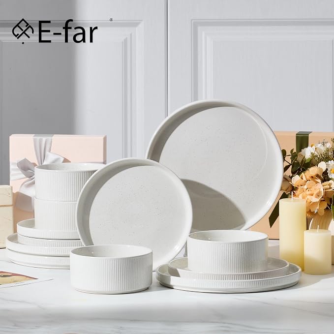 E-far Stoneware Dinnerware Sets, 18-Pieces Modern Plates and Bowls Sets, Kitchen Dinning Porcelain Dishes Set for 6, Chip & Scratch Resistant, Dishwasher & Microwave Safe, Speckled White