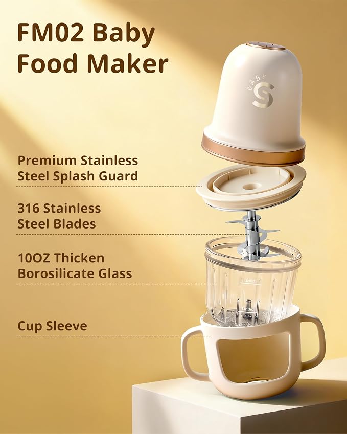 SosekiBaby Solo Baby Food Maker Glass Puree Blender & Mini Food Processor | 316L Stainless Steel Blades, 2-Speed Control | BPA-Free 10oz Homemade Baby Food Grinder for Fruit, Vegetable & Meat, Ivory