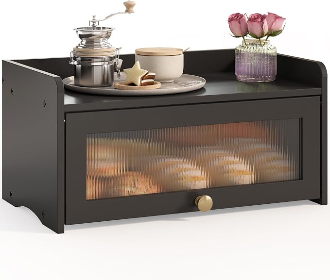 JANSNIMEN Vintage Bread Box for Kitchen Countertop, Bread Container Storage, Wooden Farmhouse Bread Box with Window Bread Holder (Vintage Black)
