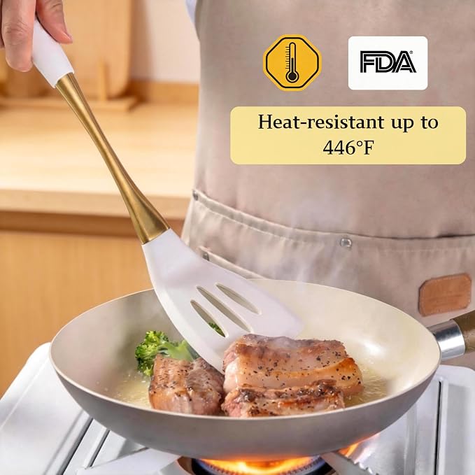 Heat-Resistant Kitchen Spatula Set – Non-Toxic Cooking Utensils with Solid & Slotted Designs –Food Grade Silicone and Gold-Plated Stainless Steel Handles –Ideal for Nonstick Cookware, Gold