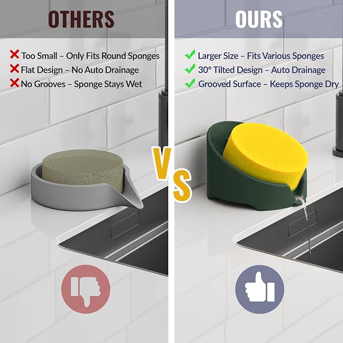 NiHome Silicone Sponge Holder for Kitchen Sink, Fits Scrub Daddy Mommy | Self-Draining Dispenser Organizer Tray, Sink Caddy Countertop Fits Soaps, Scrubber, Dishwasher Safe, Includes Brush