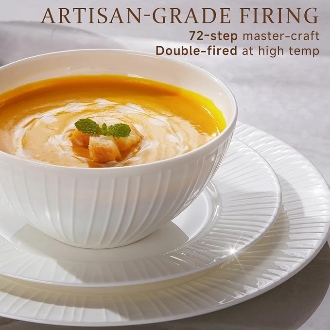 24Pc Textured White Bone China Set Service for 8 | Lightweight porcelain plate & bowl set. Microwave & dishwasher safe for daily family meals, restaurants, or gifting.