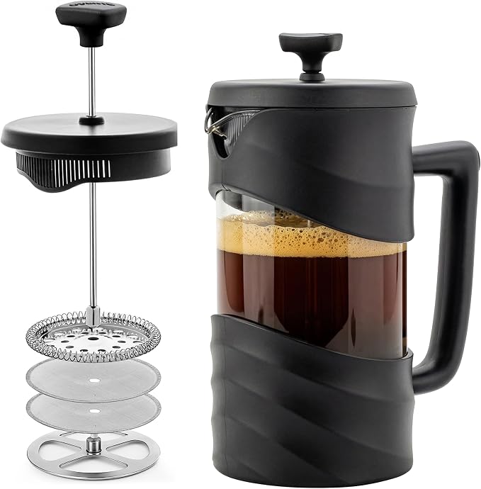 OVENTE 34oz French Press Coffee Maker with 4-Level Filtration, Black FPW34B | Heat-Resistant Borosilicate Glass Cafetiere, Dishwasher Safe Stainless Steel Filter, Compact Cold Brew for Travel and Camping